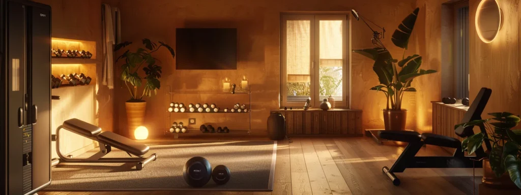 a cozy and modern home gym features a high-end exercise machine under soft ambient lighting, with personalized workout equipment arranged in an inviting, clutter-free space that promotes privacy and comfort.