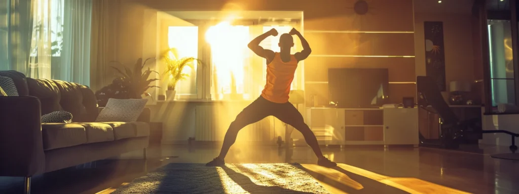 a dynamic home workout scene showcases a personal trainer leading an invigorating strength training session with focused intensity, set in a modern living room equipped with fitness gear and vibrant motivational decor.