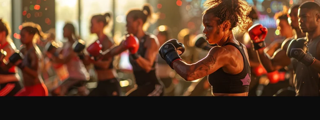 a dynamic indoor fitness class featuring diverse participants engaged in an intense kickboxing workout, surrounded by energizing gym equipment and motivational visuals, reflecting personal transformation and camaraderie.