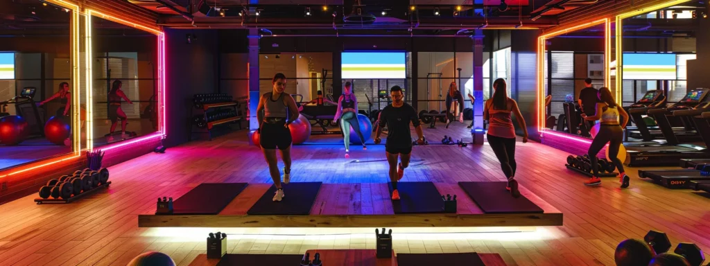 a dynamic indoor fitness studio showcases a focused personal training session, featuring a certified trainer guiding engaged clients through a series of personalized strength and cardio exercises, illuminated by bright, motivating overhead lights.