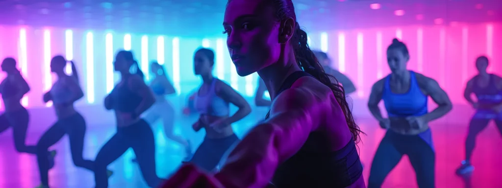 a dynamic indoor personal training session showcases focused participants engaged in intense workouts, surrounded by motivational visuals and supportive trainers, highlighting the vibrant atmosphere of community and resilience in mental wellbeing.