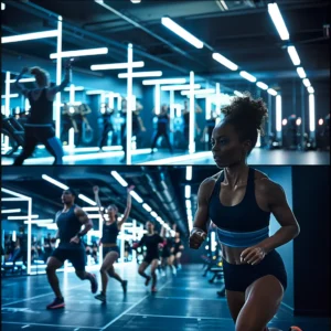 a dynamic split-scene showcases an energetic group training session in a vibrant fitness studio contrasted with an intimate one-on-one personal training session in a sleek, modern gym, highlighting the unique atmosphere and engagement of each style.
