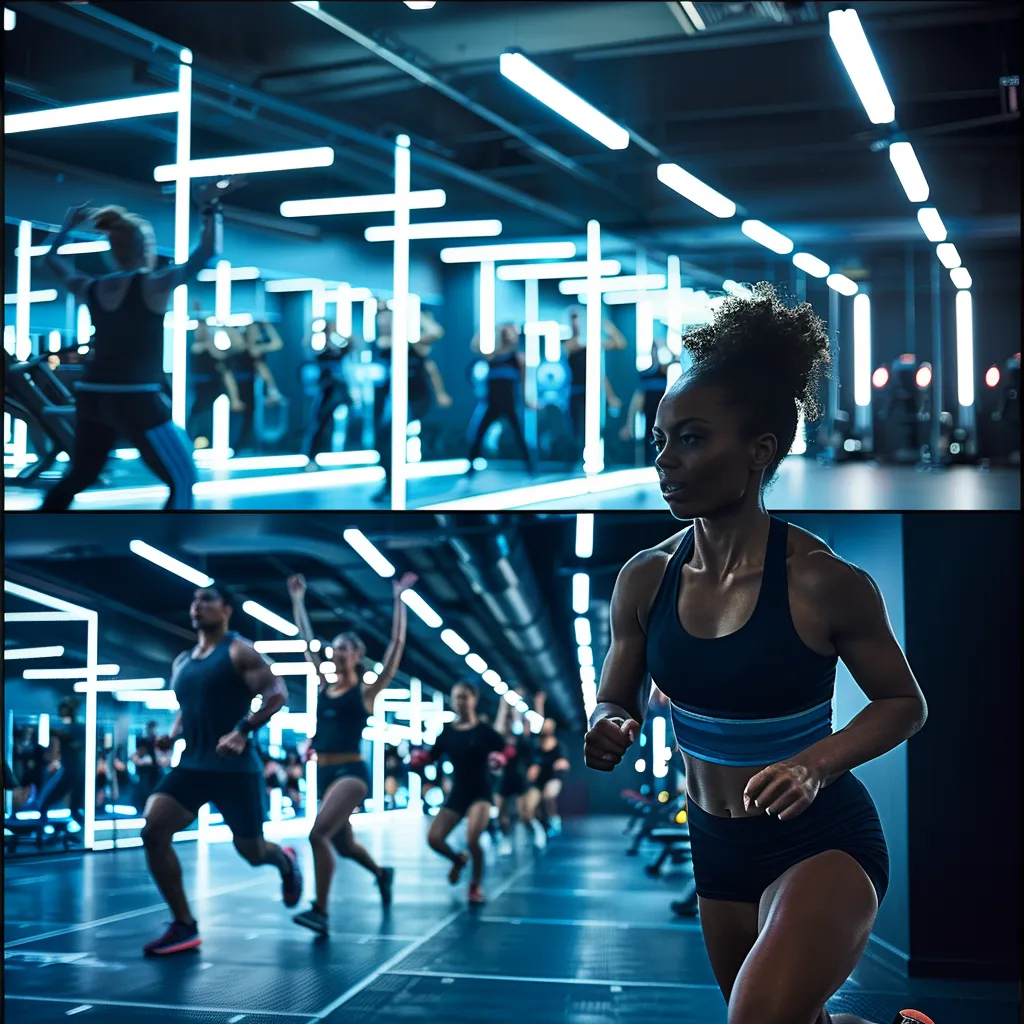 a dynamic split-scene showcases an energetic group training session in a vibrant fitness studio contrasted with an intimate one-on-one personal training session in a sleek, modern gym, highlighting the unique atmosphere and engagement of each style.