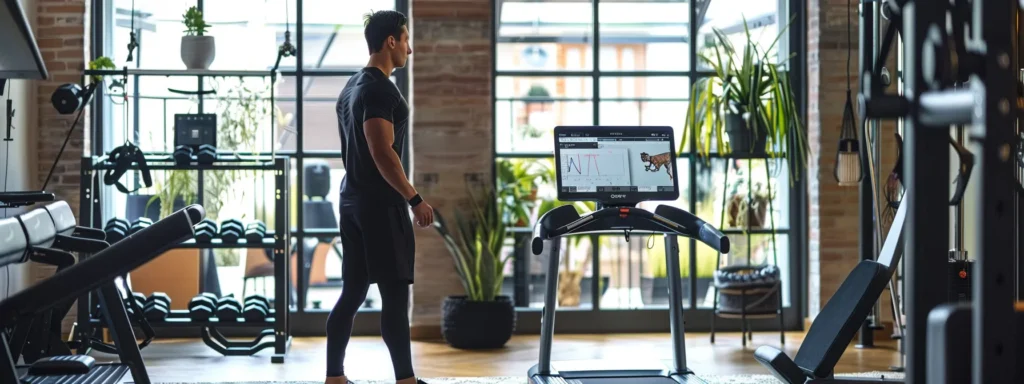 a focused fitness trainer demonstrates a customized exercise routine in a modern home gym, utilizing versatile equipment to accommodate a client's specific needs and showcasing precise data tracking on a digital tablet.