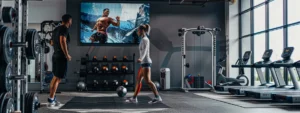 a focused personal training session in a sleek, modern gym, showcasing an engaged trainer guiding a motivated client through an intense workout, surrounded by state-of-the-art fitness equipment and vibrant motivational posters.