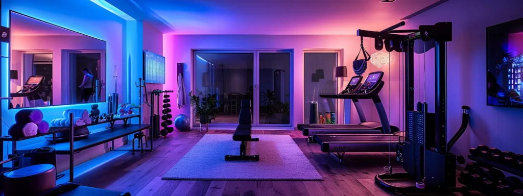 a modern, well-equipped home gym setting showcases a personal trainer demonstrating a workout, emphasizing the importance of space and equipment, with a focus on sleek, contemporary design and soft, inviting lighting.