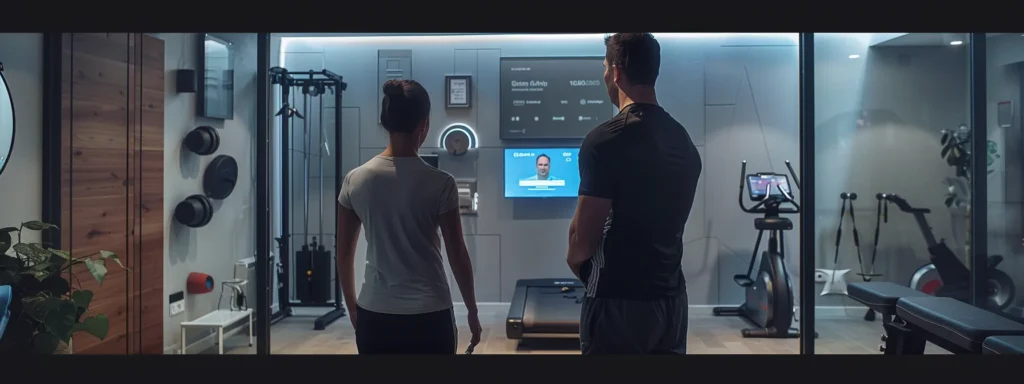 a polished home gym setting showcases a professional personal trainer guiding a client through a dynamic workout, emphasizing their focused interactions and the trainer's certifications displayed on the wall.