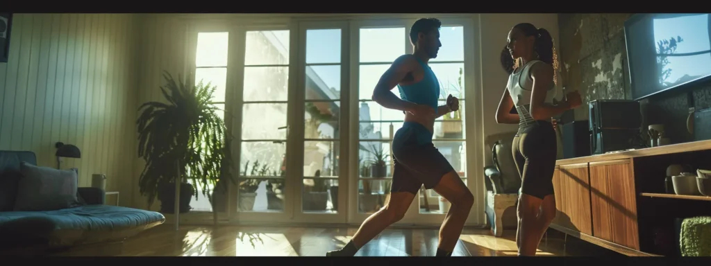 an energetic personal trainer leads a focused client through an intense workout session in a well-lit, modern living room, showcasing commitment and accountability in achieving fitness goals.