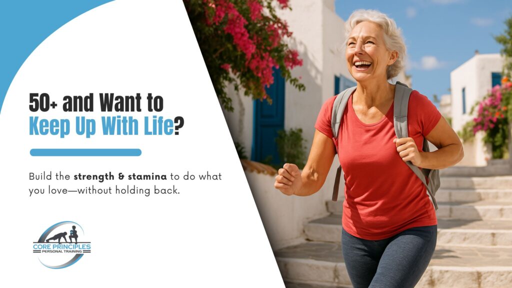 Smiling older woman with a backpack walking up stone steps – strength and stamina training for adults over 50 in Stamford CT