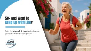 Smiling older woman with a backpack walking up stone steps – strength and stamina training for adults over 50 in Stamford CT