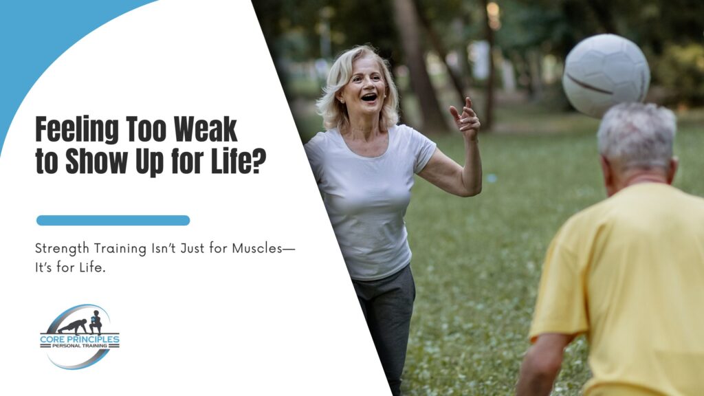 Older woman smiling and playing soccer in the park – strength training for life after 50 in Stamford CT