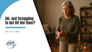 Older woman struggling to get up from the floor in a living room — floor mobility training for adults over 50 in Stamford CT