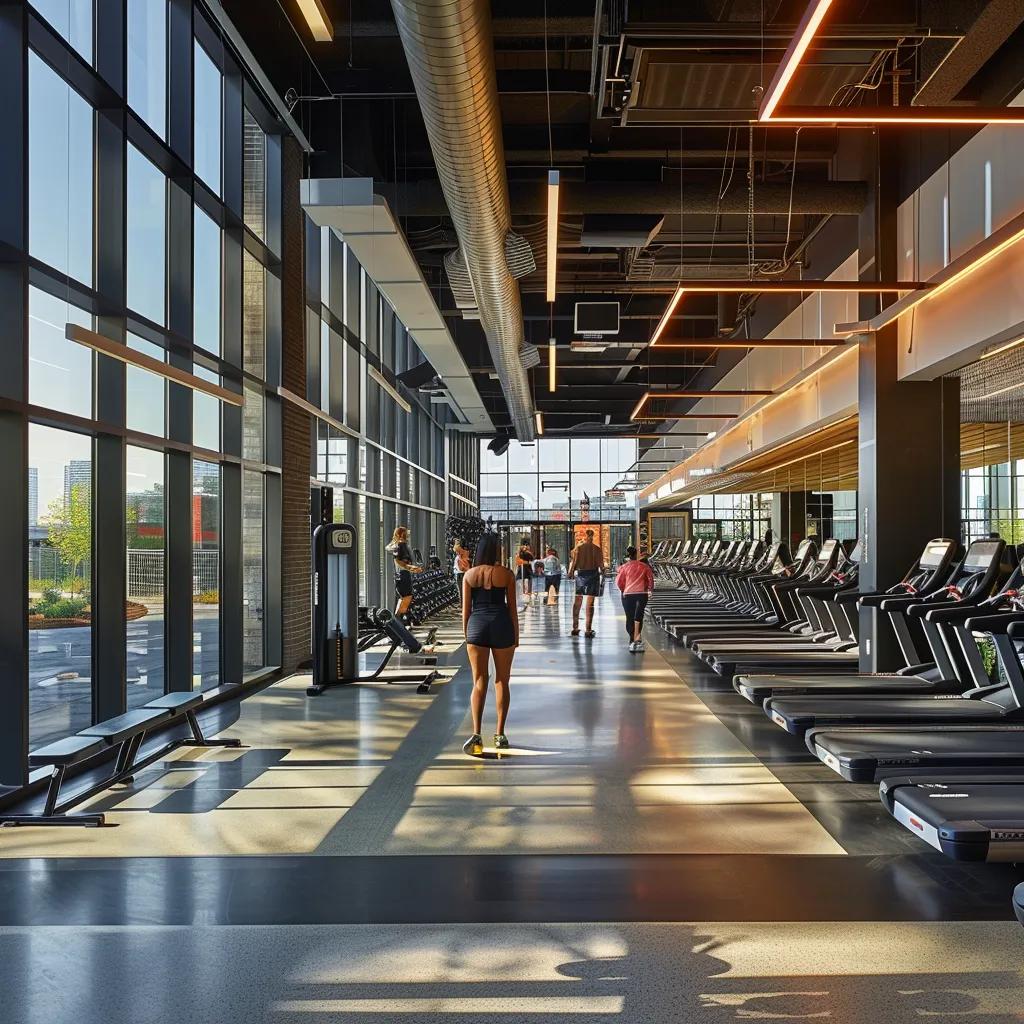 a dynamic urban gym interior showcases focused personal trainers working with diverse clients, highlighting an energetic atmosphere of fitness and motivation near stamford, ct.