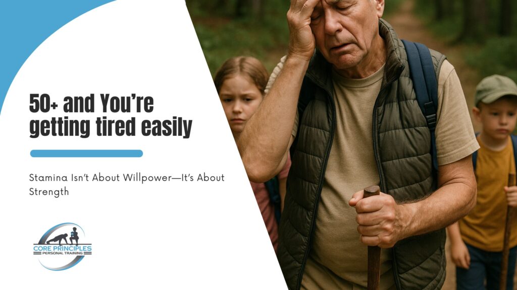 Older man hiking with grandchildren in the forest, holding a walking stick and looking exhausted, while children look concerned—illustrating fatigue and lack of stamina in older adults.