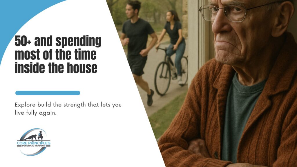 Older man looking out the window with a somber expression while people exercise outside, symbolizing isolation and lack of mobility.