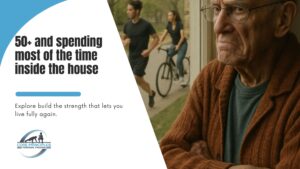 Older man looking out the window with a somber expression while people exercise outside, symbolizing isolation and lack of mobility.