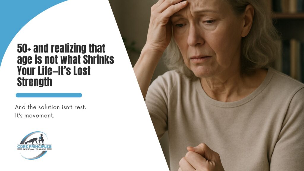 Older woman sitting indoors, looking discouraged, symbolizing the emotional toll of declining strength and mobility in later life.