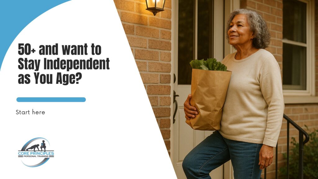 Older woman confidently holding a grocery bag on her front steps, representing independence and strength in aging.