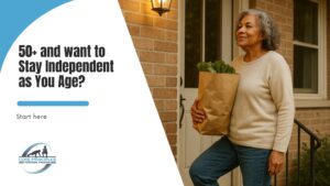 Older woman confidently holding a grocery bag on her front steps, representing independence and strength in aging.
