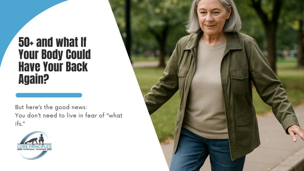 Active older woman walking confidently in the park, symbolizing restored balance, strength, and freedom of movement.