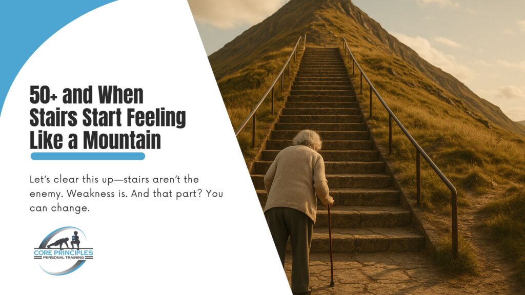 Older adult using cane while approaching a steep outdoor staircase, representing physical challenge and strength loss with age