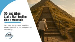 Older adult using cane while approaching a steep outdoor staircase, representing physical challenge and strength loss with age