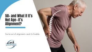 Older man with spine illustration holding lower back in pain, symbolizing poor posture or alignment issues in adults over 50