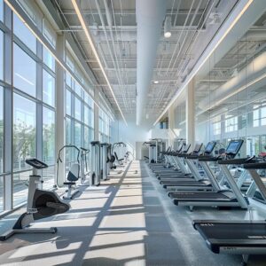 a modern fitness center in stamford buzzes with energy, featuring sleek equipment, vibrant workout spaces, and motivated individuals engaging in diverse fitness activities.