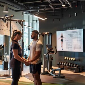 a modern fitness studio showcases a confident personal trainer engaging with a client, surrounded by high-tech workout equipment and motivational quotes on the walls, emphasizing the qualities of expertise, motivation, and support in personal training.