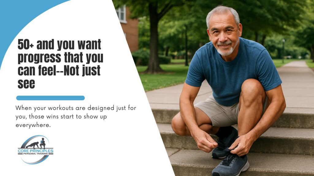 Older adult tying shoes outdoors representing strength training progress for older adults in Stamford CT