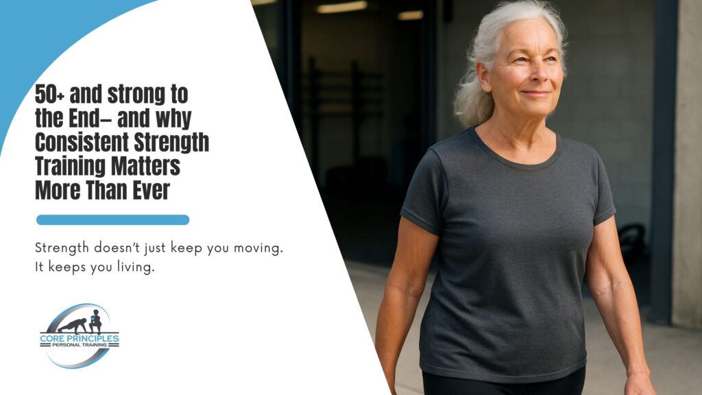 Older adult woman smiling confidently while walking outside a gym, representing active aging and strength after 50.