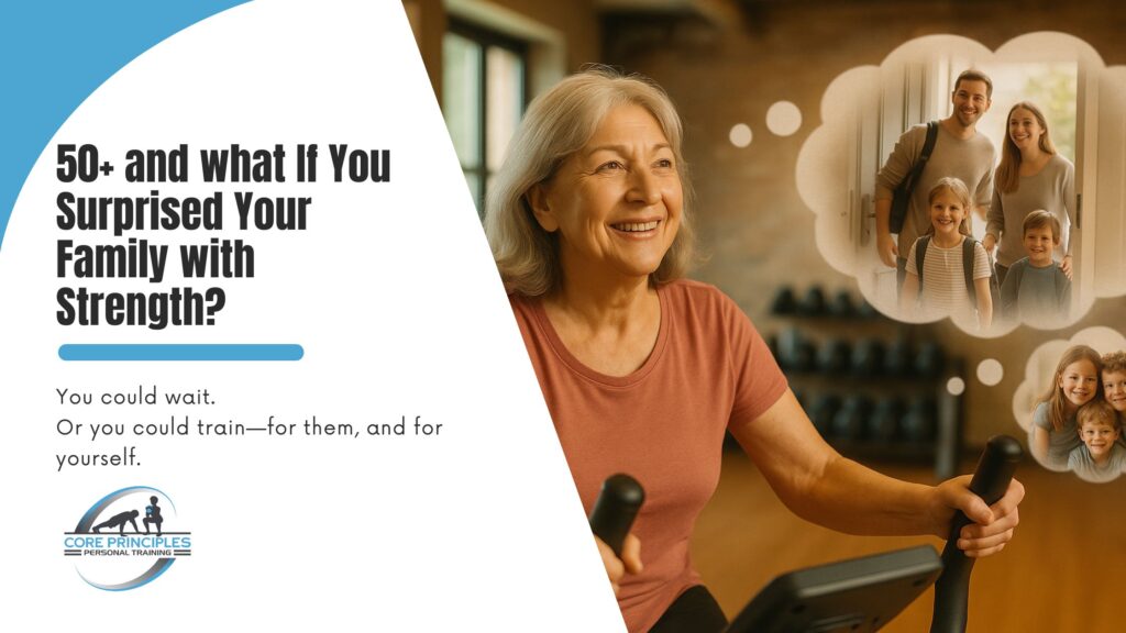 Older woman smiling on a stationary bike thinking about her family, representing strength training and active aging for adults 50+ at Core Principles in Stamford, CT.