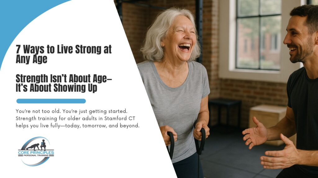 Older woman smiling confidently during strength training session at Core Principles Personal Training gym in Stamford CT