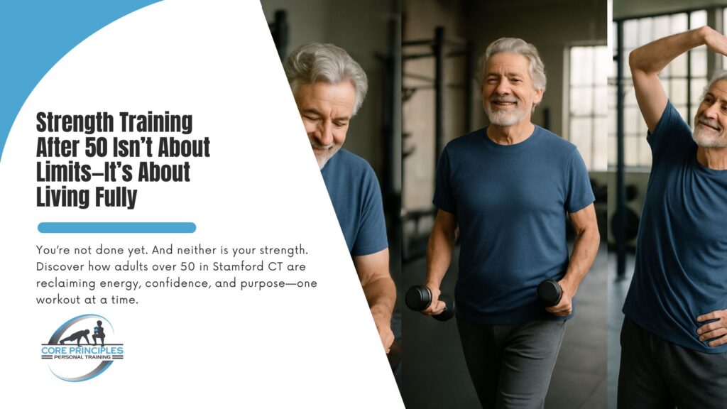 Older man lifting dumbbells at personal training gym in Stamford CT for adults over 50