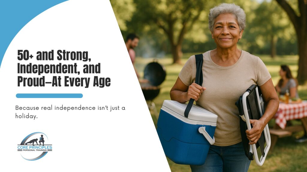 Older woman confidently carrying a cooler and chair at a park picnic, symbolizing strength and independence after 50.