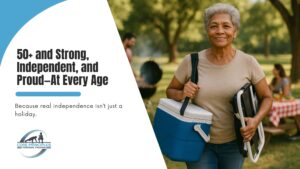 Older woman confidently carrying a cooler and chair at a park picnic, symbolizing strength and independence after 50.