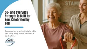 Smiling older woman doing resistance training with a coach in Stamford CT, representing personalized strength workouts for adults 50+