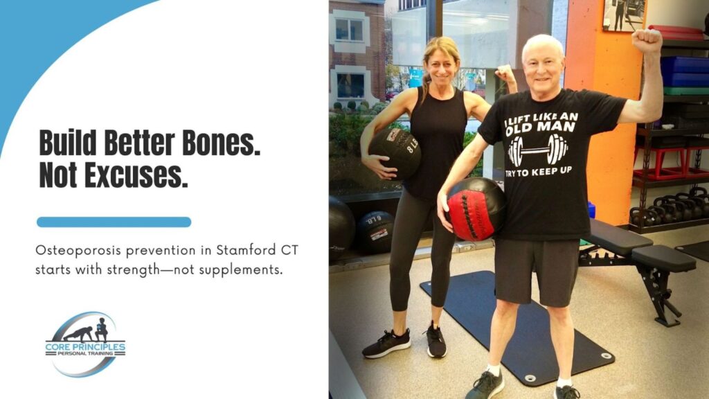 Older man and female smiling after strength workout to prevent osteoporosis in Stamford CT