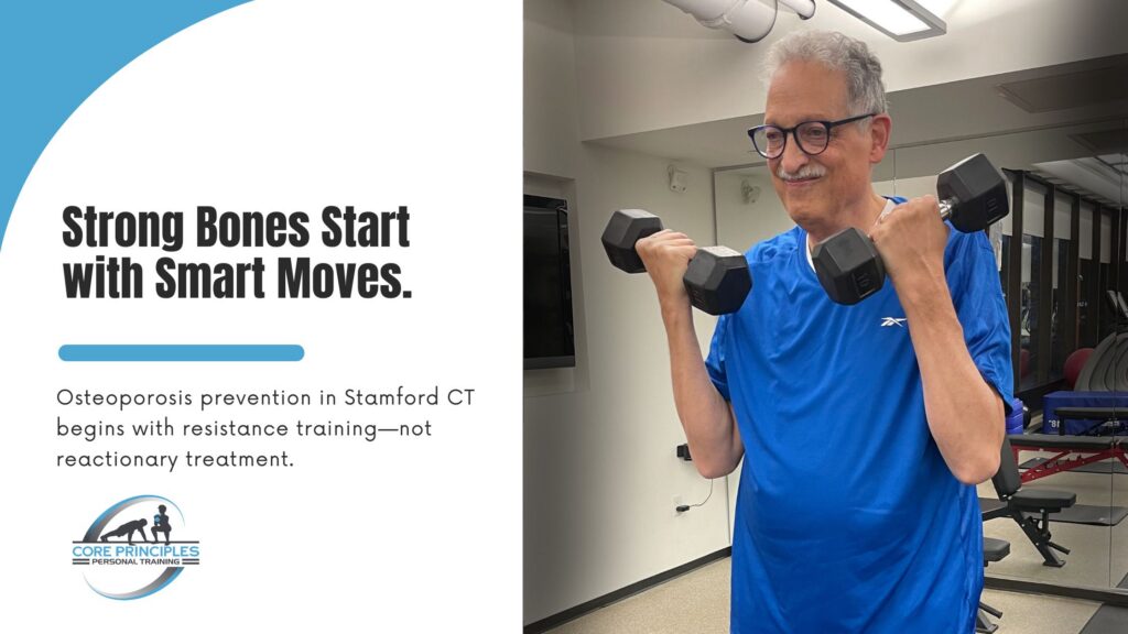 Older man lifting dumbbells during a strength training session in Stamford CT, promoting smart osteoporosis prevention for seniors.