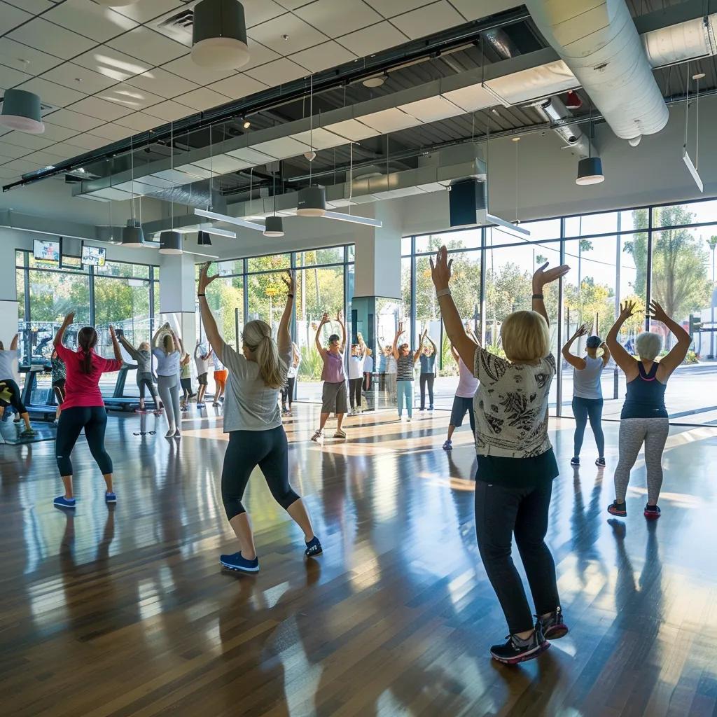 a bright, modern fitness studio filled with engaged adults over 55 participating in a low-impact exercise class, showcasing a sense of community and vitality.
