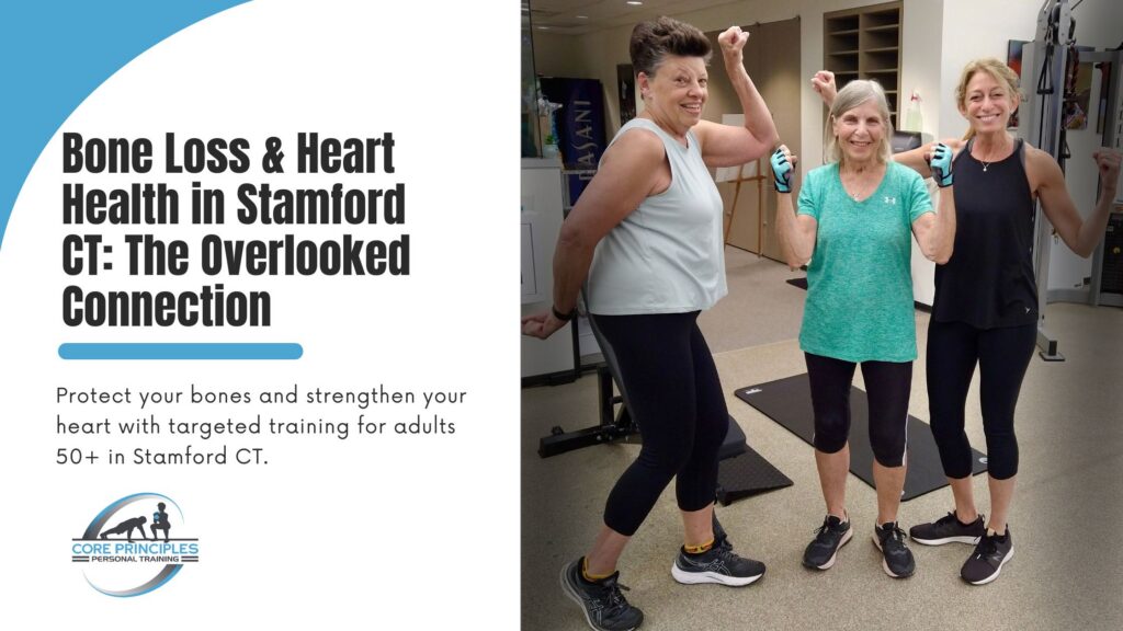 Three women 50+ flexing after a strength session at Core Principles in Stamford CT—illustrating the link between bone loss and heart health.