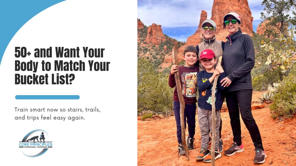 Fitness habits after 50 in Stamford CT—two grandmothers hiking a red-rock trail with two grandkids, smiling with walking sticks.