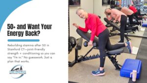 Older adult women rebuilding stamina after 50 in Stamford CT with supported dumbbell rows at Core Principles Personal Training.