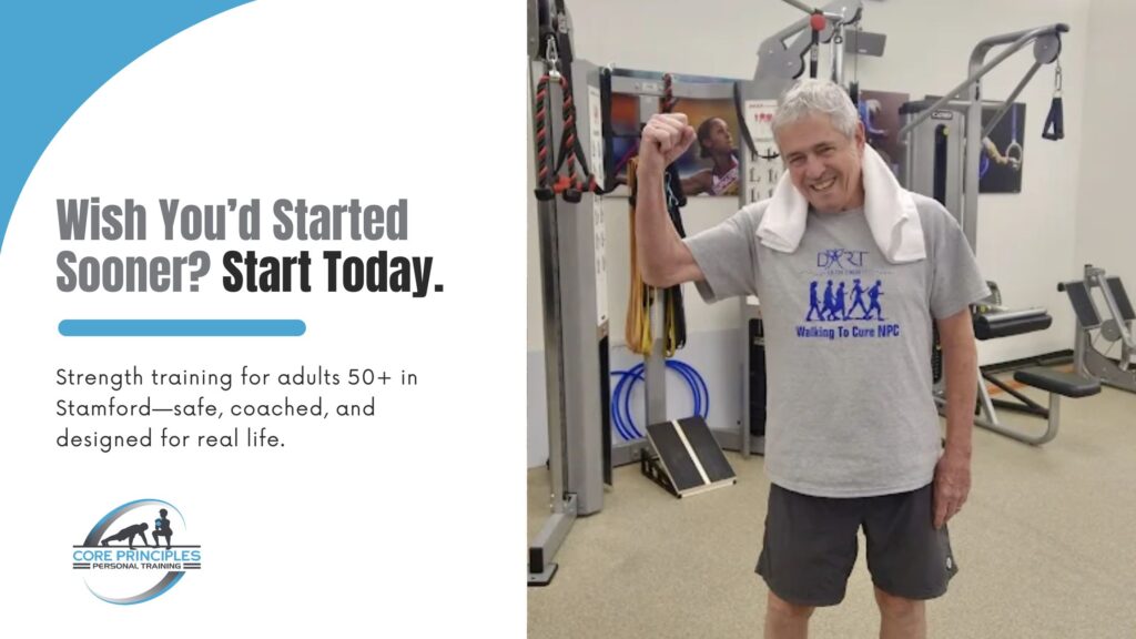 Older man smiling and flexing after a safe strength training over 50 in Stamford CT session at Core Principles Personal Training.