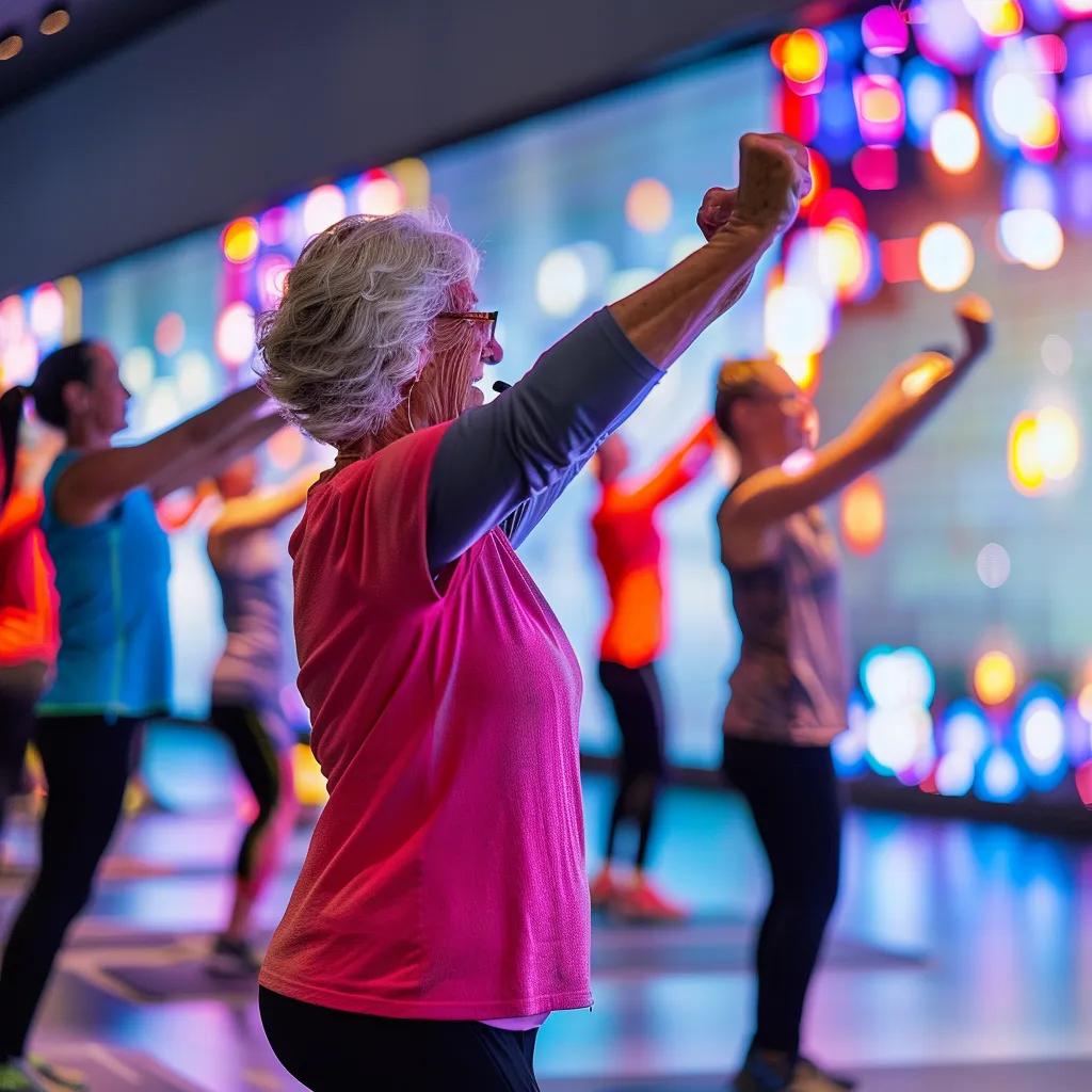 a vibrant senior fitness class in a modern gym, featuring enthusiastic adults over 55 engaging in various dynamic exercise routines with bright, motivating wall displays promoting health and wellness.