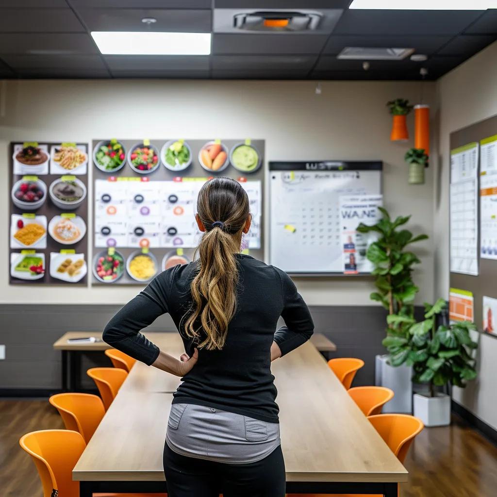 a focused nutrition coach stands confidently in a modern riverton office, surrounded by sleek motivational posters and a whiteboard filled with vibrant meal plans, demonstrating an engaging and dynamic environment for achieving strength goals.