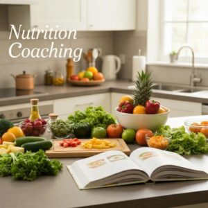 Healthy meal preparation in a bright kitchen, showcasing fresh fruits and vegetables for seniors' nutrition coaching