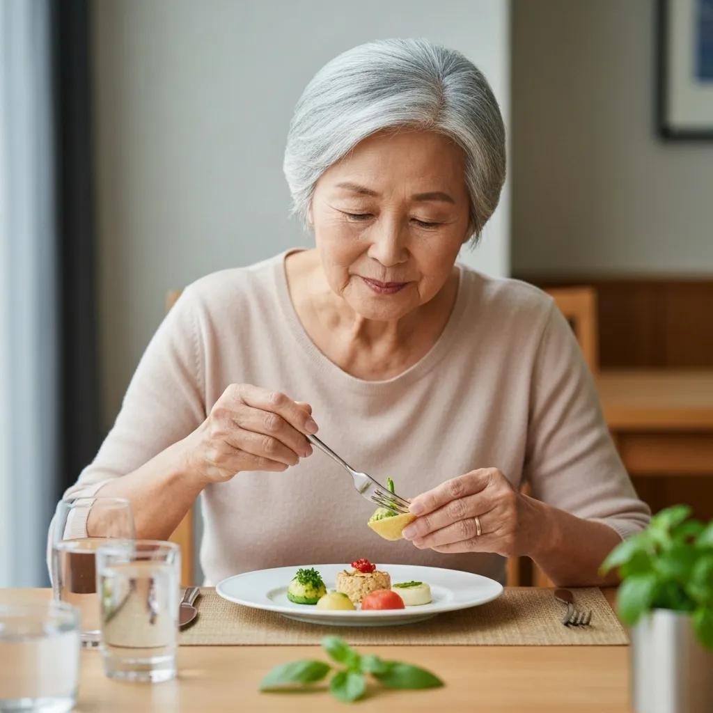 Senior practicing mindful eating at a dining table, focusing on a beautifully plated meal