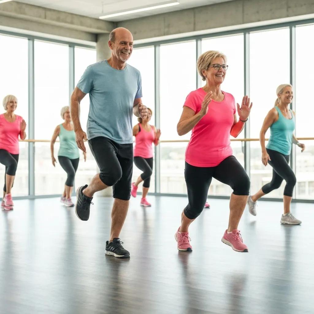 Older adults practicing balance drills in a fitness class, enhancing mobility and safety
