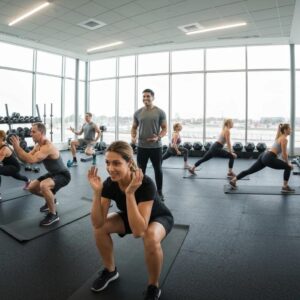 Small group personal training session in Stamford showcasing diverse individuals exercising together